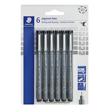 STAEDTLER Pigment Liner Fineliner Pens Black 6 Pack Assorted Tip Sizes 005mm 08mm Waterproof Drawing Writing Pens for Note Taking Journaling Sketching Manga Back to School Supplies