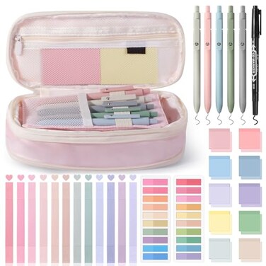 KOUDGY 49Pcs Book Annotation Kit Aesthetic School Supplies with Cute Pen Case Highlighters Gel Pens and Marker Sheets Transparent Index Tabs Sticky Notes Bible Study Supplies Pink