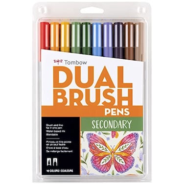Tombow 56168 Dual Brush Pen Art Markers Secondary 10Pack Blendable Brush and Fine Tip Markers