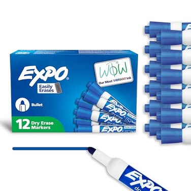 EXPO Dry Erase Markers Low Odor Ink Blue Bullet Tip 12 Count Whiteboard Calendar Organization Essential Supplies for Office School Classroom Teachers