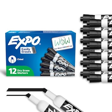 EXPO Dry Erase Markers Low Odor Ink Black Chisel Tip 12 Count Whiteboard Calendar Organization Essential Supplies for Office School Classroom Teachers