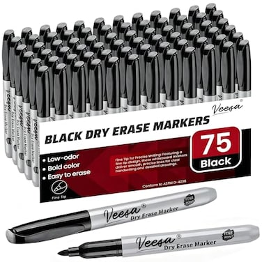 VEESA Dry Erase Markers Fine Tip LowOdor Black Whiteboard Markers Erases Easily 75 Count Office Use Back to School Supplies