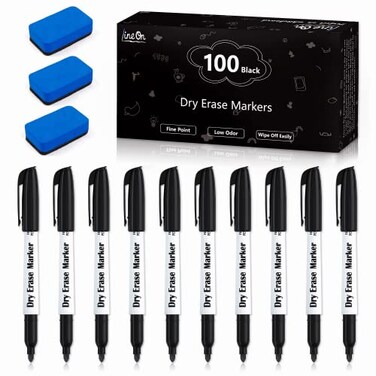 Lineon 100 Bulk Pack Black Whiteboard Markers with 3 Erasers Fine Point Dry Erase Markers Perfect For Writing on DryErase Boards Glass for School Office Home