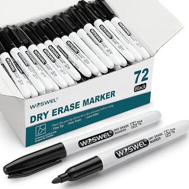 WOSWEL Dry Erase Markers Bulk 72 Pack Black Fine Tip Whiteboard Markers