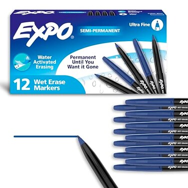 EXPO Wet Erase Markers SemiPermanent Blue Ultra Fine Tip 12 Count For Writing on Glass Whiteboards Mirrors Calendar Labeling Organizing
