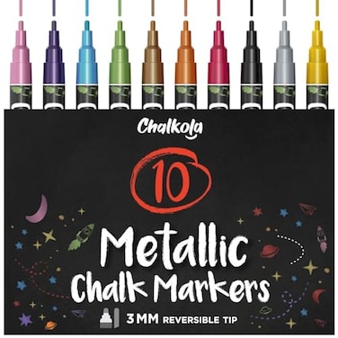 Chalkola Metallic Liquid Chalk Markers Fine Tip Dry Erase Marker Pen for Chalkboard Signs Windows Blackboard Glass 3mm Reversible Tip 10 Pack