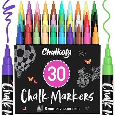 Chalkola Fine Tip Chalk Markers 30 Pack Neon Pastel Chalk Pens Dry Erase Marker Pens for Blackboard Chalkboards Signs Windows Bistro 3mm Reversible Tip