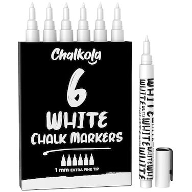 Chalkola White Chalk Markers Fine Tip 6 Pack 1mm Extra Fine Point Dry Erase Liquid Chalk Pens for Chalkboard Blackboard Car Window Bistro Glass Board Calendar White Chalkboard Markers