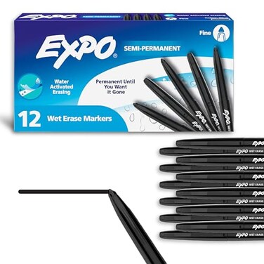 EXPO Wet Erase Markers SemiPermanent Black Fine Tip 12 Count For Writing on Glass Whiteboards Mirrors Calendar Labeling Organizing