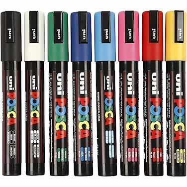 Posca UniBall PC5M 8 Pen Set includes 1 of each Black White Pink Red Yellow Green Blue and Light Blue
