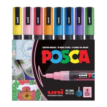 Posca Glitter Markers Set 8 Fine Paint Markers 3M Glitter Tones Yellow Green Violet Blue Light Blue Orange Red Pink