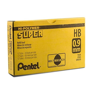 Pentel Super HiPolymer Lead 09mm Medium HB 30 PiecesTube Box of 12 C29HB