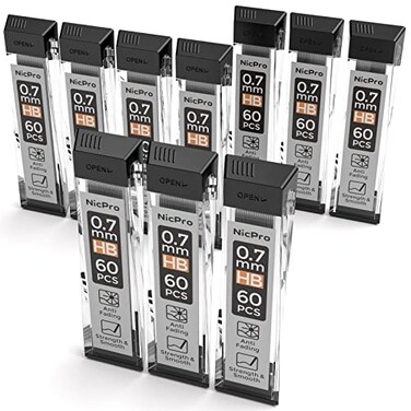 Nicpro 600 PCS Lead Refills 07mm HB 2 Break Resistant Mechanical Pencil Refills 07 mm 60 Pack Per Tube 10 Tubes