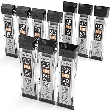 Nicpro 600 PCS Lead Refills 05mm HB 2 Break Resistant Mechanical Pencil Refills 05 mm 60 Pack Per Tube 10 Tubes