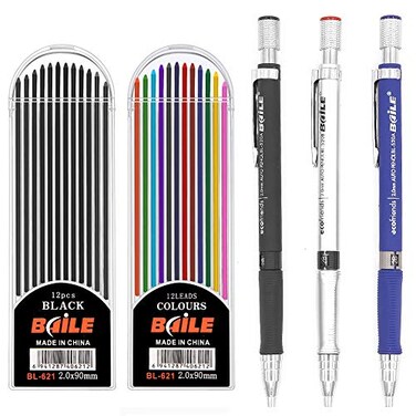 Unigift 3 Pieces 20 mm 2B Mechanical PencilAutomatic Pencils with 2 Cases Lead Refills Color and Black Refills For Draft Drawing Carpenter Writing Crafting Art SketchingBlue Black And Silver