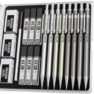 Nicpro 8 Pack 05mm 07mm Metal Mechanical Pencil Set MB1000 Lead Drafting Pencil for Artist Writing Sketching Drawing with 6 Tubes HB Lead Refills 3PCS 4B Eraser 9PCS Cap Eraser With Case