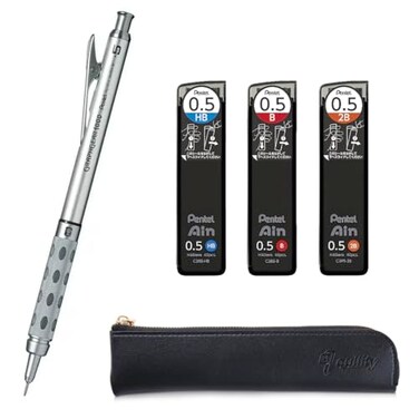 QULLITY Graph Gear 1000 Mechanical Drafting Pencil Ain HBB2B leads original Black slim pen case 05mm
