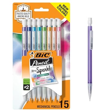 BIC XtraSparkle Number 2 Mechanical Pencils With Erasers Medium Point 07mm 15Count Pack Cute Mechanical Pencils for Girls Boys and Adults