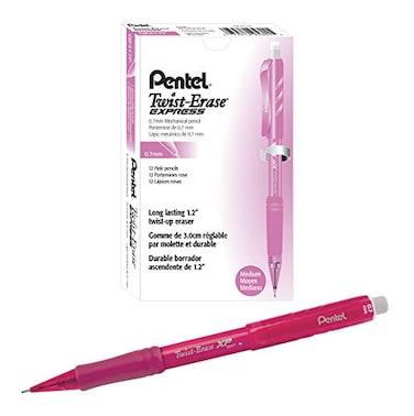 Pentel TwistErase EXPRESS Mechanical Pencil 07mm Pink Barrel Box of 12 QE417P