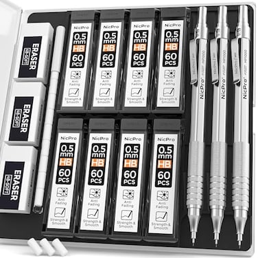 Nicpro 05 Mechanical Pencil Set with Case 3PCS MP1000 Metal Artist Pencil 8 Tube HB Lead Refills 05mm 3 Erasers9 Eraser Refills For Architect Writing Drafting Drawing Engineering Sketching