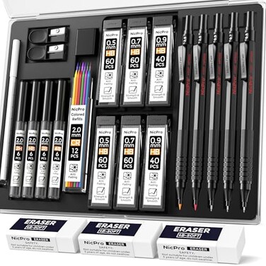 Nicpro 22PCS Art Mechanical Pencil Set Black Artist Metal Drafting Pencil 05 07 09 mm 2PCS 2mm Graphite Lead Holder4B 2B HB 2H for Drawing Writing Sketching With Lead Refills Erasers Case