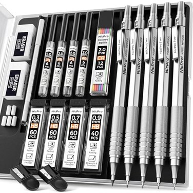 Nicpro Metal Mechanical Pencil Set 5 PCS Art Drafting Pencils 03 05 07 09 mm 2mm Graphite Lead Holder For Sketching Drawing With 9 Tubes 4B 2B HB 2H Colors Lead Refills Erasers Case