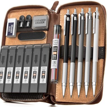 Nicpro 17PCS Metal 2mm Mechanical Pencil Set in Leather Case 5 PCS 20 mm Lead Pencil Holders 4B 2B HB 2H 4H 6 Tube Black Colored Lead Refills Erasers Sharpener For Art Drafting Sketching Drawing