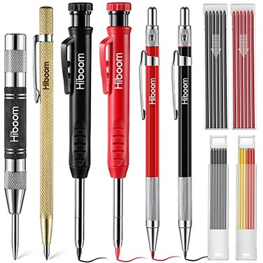 Hiboom 10 Pack Mechanical Carpenter Pencils Set with Sharpener 36PCs 28mm Refills Deep Hole Marker Pen Automatic Center Punch Carbide Scribe Tool Heavy Duty Construction Pencil for Architect