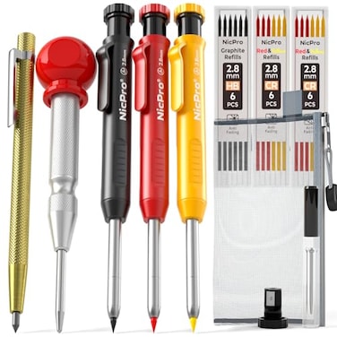 Nicpro 10 Pack Carpenter Pencils Mechanical Construction Pencils with 21 Refill Automatic Center Punch and Carbide Scribe Tool Mechanical Pencil for Woodworking Best Carpenters Marking Tool