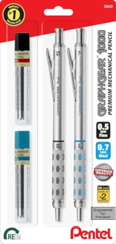 Pentel GraphGear 1000 Automatic Drafting Pencil Metal Mechanical Pencils 05 and 07mm with Refill Leads