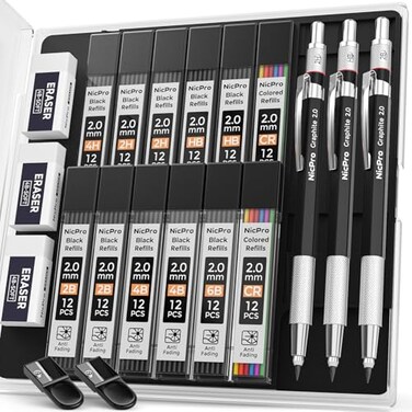 Nicpro 2mm Metal Mechanical Pencil Set with Case 3PCS Lead Pencil Holder 20 mm with 144PCS Lead Refills 4H 2H HB 2B 4B 6B Color Eraser Sharpener for Drafting Writing Drawing Sketching