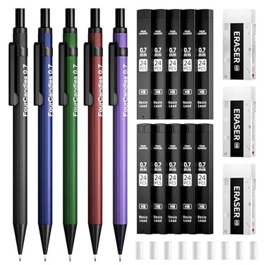 Four Candies Metal Mechanical Pencils 07mm with 2 Pencil Leads 07 Eraser Set and Eraser Refills 19Count Pack with Case Back to School Supplies for Writing Drawing Sketching