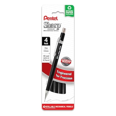 Pentel Sharp Mechanical Pencil 05mm Fine Line Black Barrel Pack of 4 P205PF4A