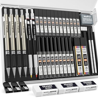 Nicpro 37PCS Art Mechanical Pencil Set 4PCS Metal Drafting Pencil 03mm 05 mm 07 mm 09 mm 2PCS 2mm Lead Holder 6B 4B 2B HB 2H 4H Colors For Sketching Drawing With 23 Tube Lead Refills Case