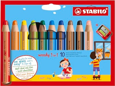 STABILO woody 3in1 MultiTalented Pencil Pack of 10 Assorted colors with Sharpener