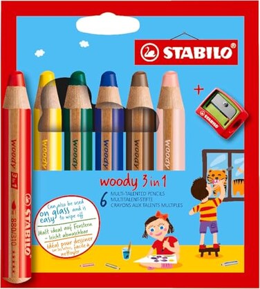 STABILO woody 3in1 MultiTalented Pencil Pack of 6 Assorted colors with Sharpener