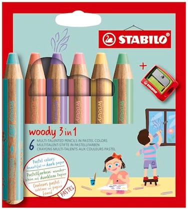 STABILO woody 3in1 MultiTalented Pencil Pack of 6 Assorted Pastel colors with Sharpener