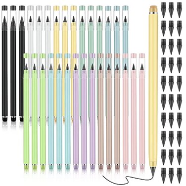 Fuutreo 30 Sets Back to School Inkless Pencil with Eraser Infinite Everlasting Pencil with 30 Replaceable Nibs for Teacher Sketch Drawing Writing Forever Eternal Reusable No Need Sharpened 10 Colors