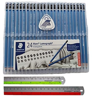 Yosogo Wooden Pencil By Staedtler Mars Lumograph Pack of 24 Degrees in Practical Plastic Storage Box With 6 and 8 Aluminum Ruler
