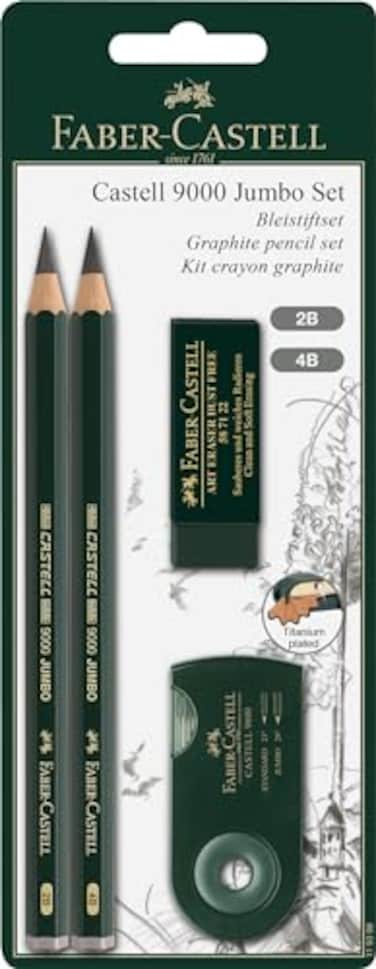 Faber-Castell FaberCastell 9000 Jumbo Graphite Pencil Set 2 Graphite Sketch Pencils 2B 4B Double Hole Pencil Sharpener Dust Free Art Eraser Graphite Pencils for Drawing Sketching and Shading