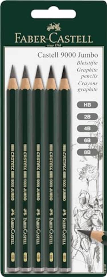 Faber-Castell FaberCastell 5 Piece Quality Castell 9000 Jumbo Graphite Pencils Blister Card Set Including HB 2B 4B 6B and 8B 119397