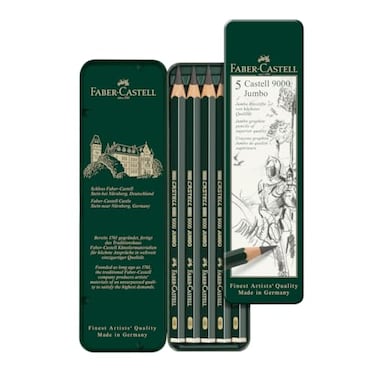 Faber-Castell FaberCastell 5 Piece Quality Castell 9000 Jumbo Graphite Pencils in a Tin Including HB 2B 4B 6B and 8BBlack