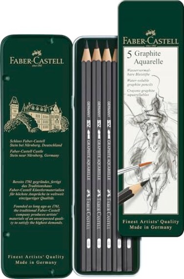 Faber-Castell FaberCastell 5 Piece Quality WaterSoluble Graphite Aquarelle Pencils in a Tin Including HB 2B 4B 6B and 8B Grey