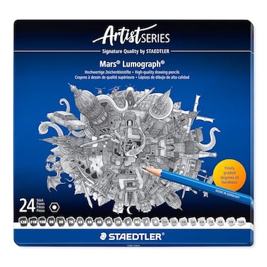 STAEDTLER Mars Lumograph Drawing Pencils Set of 24 in Metal Case Presharpened Graphite Art Pencils Hardness Grades 12B10H For Drawing Shading Drafting Illustrating All Skill Levels