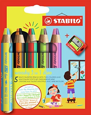 STABILO MultiTalented Pencil woody 3 in 1 duo Pack of 5 Assorted Colors with Sharpener