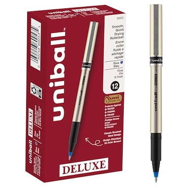 Uni-Ball Uniball Deluxe Rollerball Pen 12 Blue 07mm Smooth Writing Waterproof Ink Fine Point Office Supplies