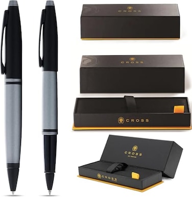 Cross ATCross Calais Gray and Black with PVD Appointments signature mid Band Selectip Black Gel Ink Rollerball pen and Ballpoint Pen set