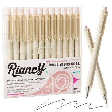 RIANCY Beige Cream Gel Pens 12PCS Value Pack Cute Aesthetic Neutral Black Ink Retractable Pens 05mm Fine Point Quick Dry Smooth Writing for College School Supplies Note Taking Office Essentials
