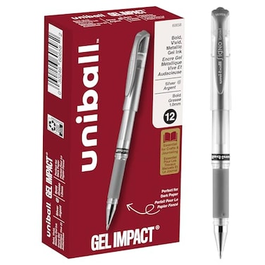 Uni-Ball uniball Signo Gel Impact Pens Bold Point 10mm Silver Metallic 12 Pack