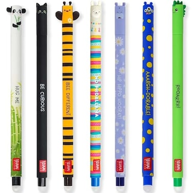 LEGAMI Set of 7 erasable gel pens with thermal sensitive ink ink color gamut and keg patterns 07mm tip panda cat bee llama lion hippopotamus and dinosaur patterns